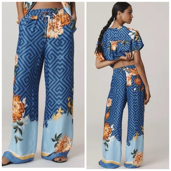 Anthropologie Pants - Anthropologie Maeve Straight Leg Pull On Silk Feel Pants Blue Floral Large Tall